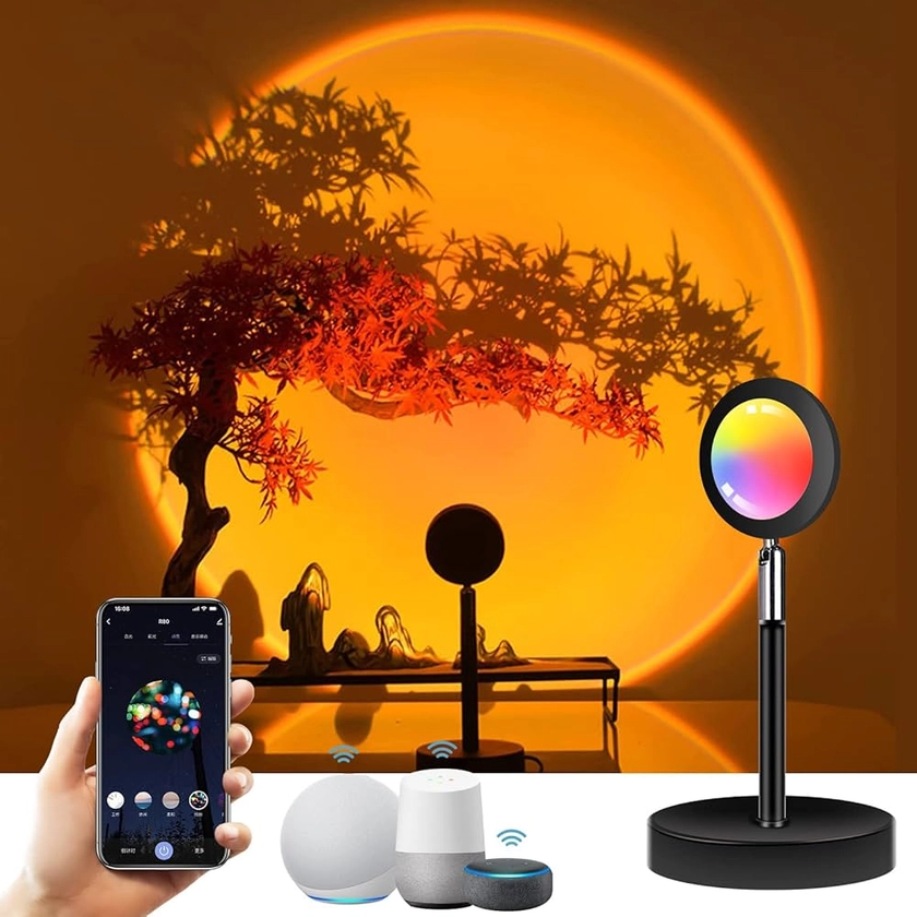 GY Connectée Alexa Sunset Lamp,Smart Sunset Lamp 16 millions de couleurs Compatible avec Alexa & Google,360° Wlan Sunset Projection Lampe d'ambiance pour fête,Tiktok,Décoration de salon, APP Control