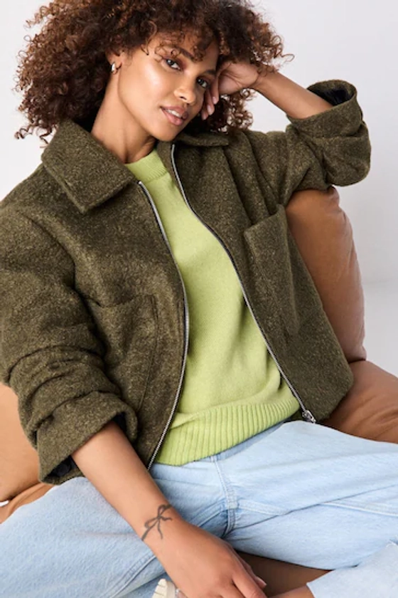 Olive Green Zip Through Short Textured Jacket