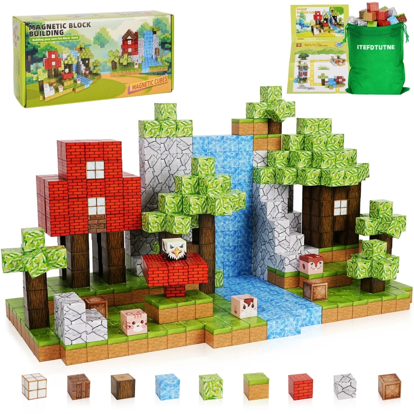 100PCS Magnetic Blocks-Build Mine Magnet World Set for Boys & Girls Age 3-5 6-8, Sensory Toys for Toddlers Gifts for 3+ Years Old Girls Boys