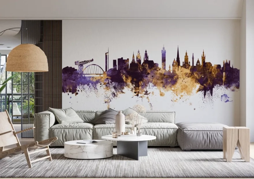 Glasgow Scotland Skyline Purple & Gold premium wallpaper mural | Wallism | A creative revolution for walls