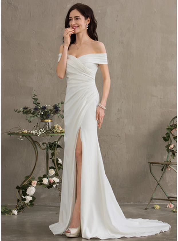 [US$ 184.00] Sheath/Column Off the Shoulder Sweep Train Stretch Crepe Wedding Dress With Ruffle (002186401)