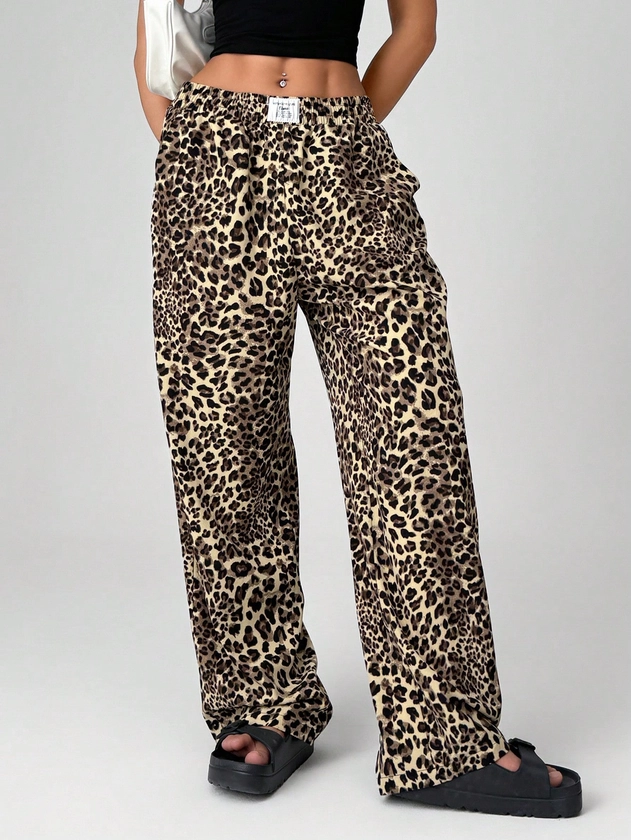 SHEIN EZwear Leopard Print Woven Wide-Leg Streetwear Pants For Women