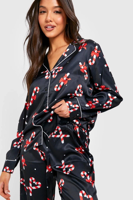 Nightwear | Christmas Candy Cane Satin Pyjama Trouser Set | boohoo