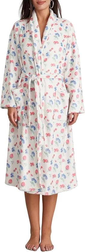 HZPHQY Women Soft Fleece Dressing Gown Floral Fruit Print Warm Bathrobe Long Towel Kimono Robe with Pocket