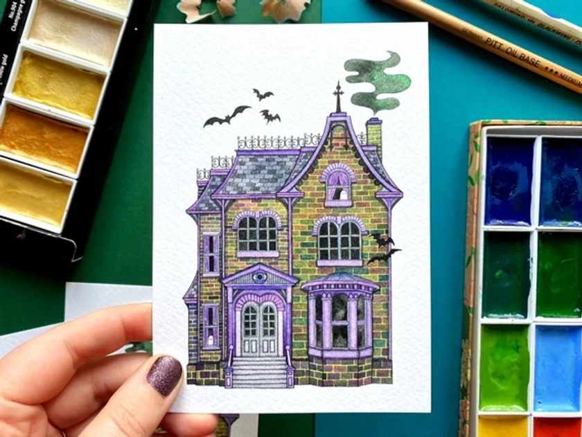 Carte postale de la maison hantée. Mini impression maison hantée. Carte postale d&#39;Halloween. Impression d&#39;art aquarelle. Carte postale fantôme. Mini carte postale à impression effrayante.