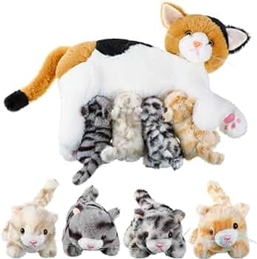 Nurturing Cat Stuffed Animal with Plush Kittens, Cat Baby Stuffed Animals for Girls and Boys Plushy Kitty Mommy Cat with 4 Baby Cats for Birthday Party Favors Gifts (Lovely Style)