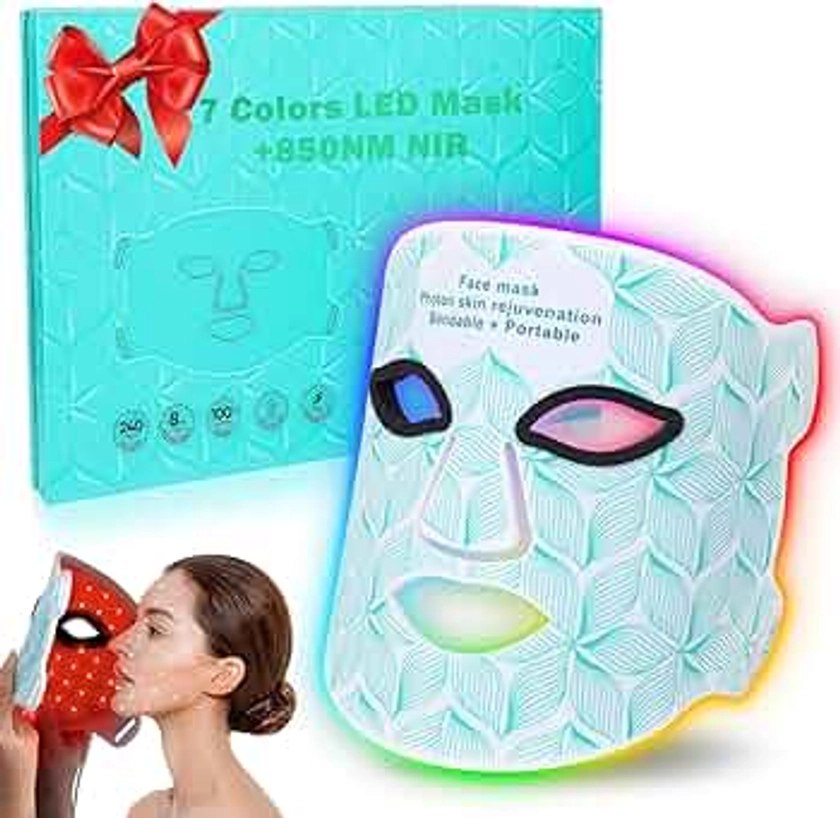 Red Light Therapy for Face, 7＋1 Colors LED Face Mask Light Therapy with 850NM Near-infrared, Portable Rechargeable Red Light Therapy Mask Skin Care Device at Home and Travel for Anti-Aging