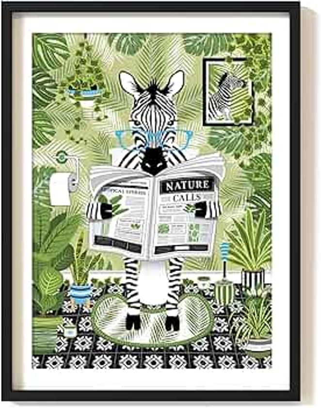 Parmaro Zebra on Toilet Print, Zebra Reading Newspaper Bathroom Print, A4 UNFRAMED Print, Animal on Toilet Print, Botanical Green Print Tropical Bathroom Decor