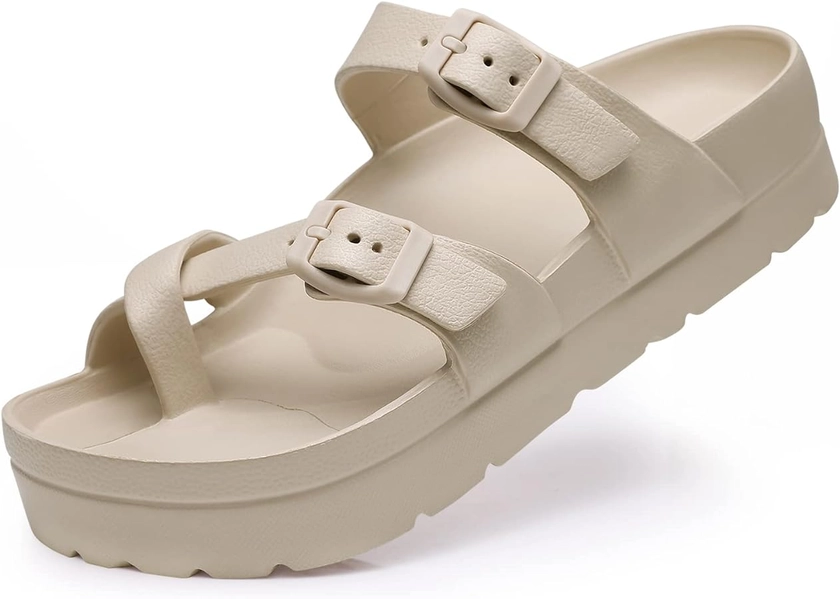 Women's Platform Sandals with Arch Support Comfortable Foam Slides Lightweight Thick Soles | Adjustable Buckle | Ultra Cushion