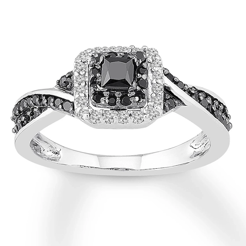 Black Diamond Ring 3/8 ct tw Princess & Round Sterling Silver|Kay