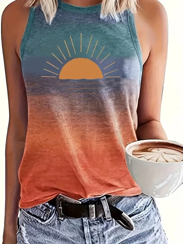 Sun Print Crew Neck Tank Top, Casual Sleeveless Tank Top For Summer, Women&#39;s Clothing