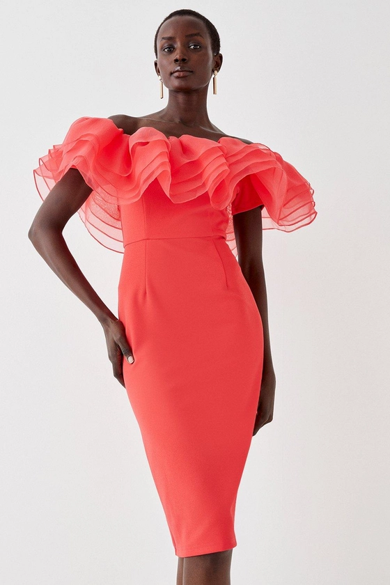 Dresses | Scuba Crepe Organza Frill Bardot Midi Dress | Coast