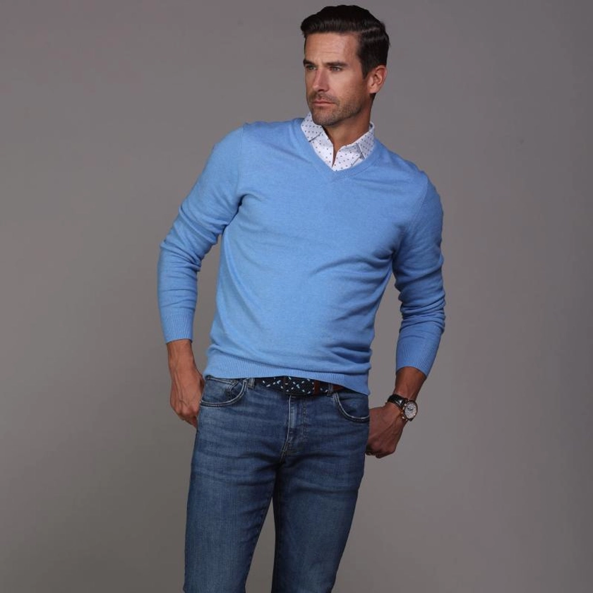 Blue Melange Luxury Touch Cotton and Cashmere V-Neck Sweater