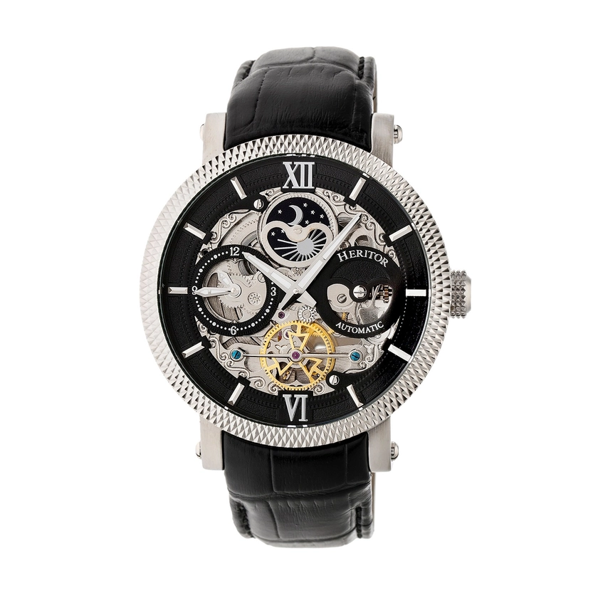Aries Leather-Band Skeleton Watch with Moon Phase - Black, Silver by Heritor Automatic