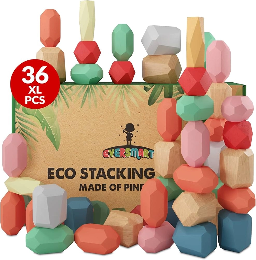 Amazon.com: EVERSMART 36 Pcs Wooden Stacking Blocks – Montessori Toys for 1 2 3 4 5 6 Year Old Toddlers and Kids, XL Rocks, No Choking Hazard – Sensory STEM Building Stones, Girl or Boy Birthday Gifts : Toys & Games