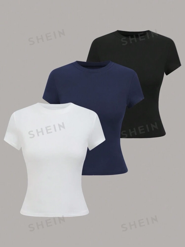 SHEIN LUNE 1pc Women's Casual Solid Color Short Sleeve T-Shirt