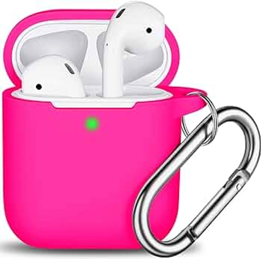 R-fun AirPods Case Cover, Soft Silicone Protective Cover with Keychain for Women Men Compatible with Apple AirPods 2nd 1st Generation Charging Case, Front LED Visible-Rose Pink