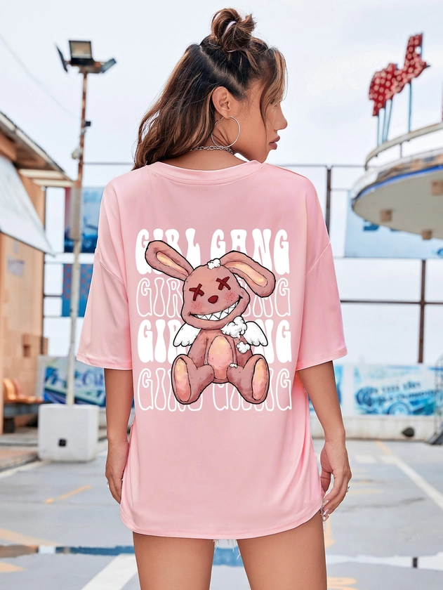 SHEIN Qutie T-shirt à manches raglan avec graphique de dessin animé et de slogan GIRL GANG