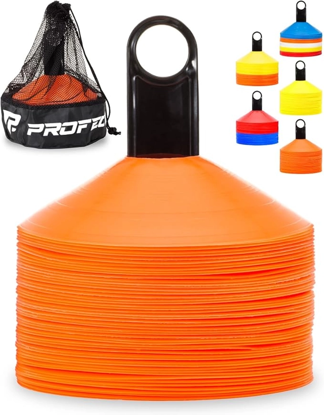 Pro Disc Cones (Set of 50) - Agility Soccer Cones with Carry Bag and Holder for Sports Training, Football, Basketball, Coaching, Practice Equipment, Kids - Includes 15 Best Cone Drills Book