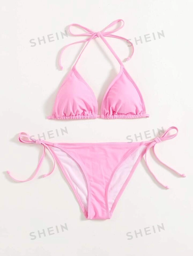 SHEIN Swim Mod Mono Bikini Set Halter Triangle Bra & Tie Side Bottom 2 Piece Swimsuit