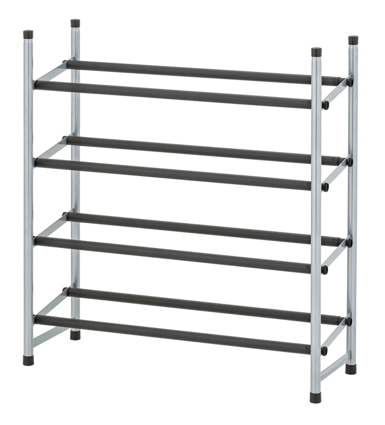 Mainstays 4-Tier Shoe Rack Black Rod, Steel Powder Coating Silver, up to 20 Pairs