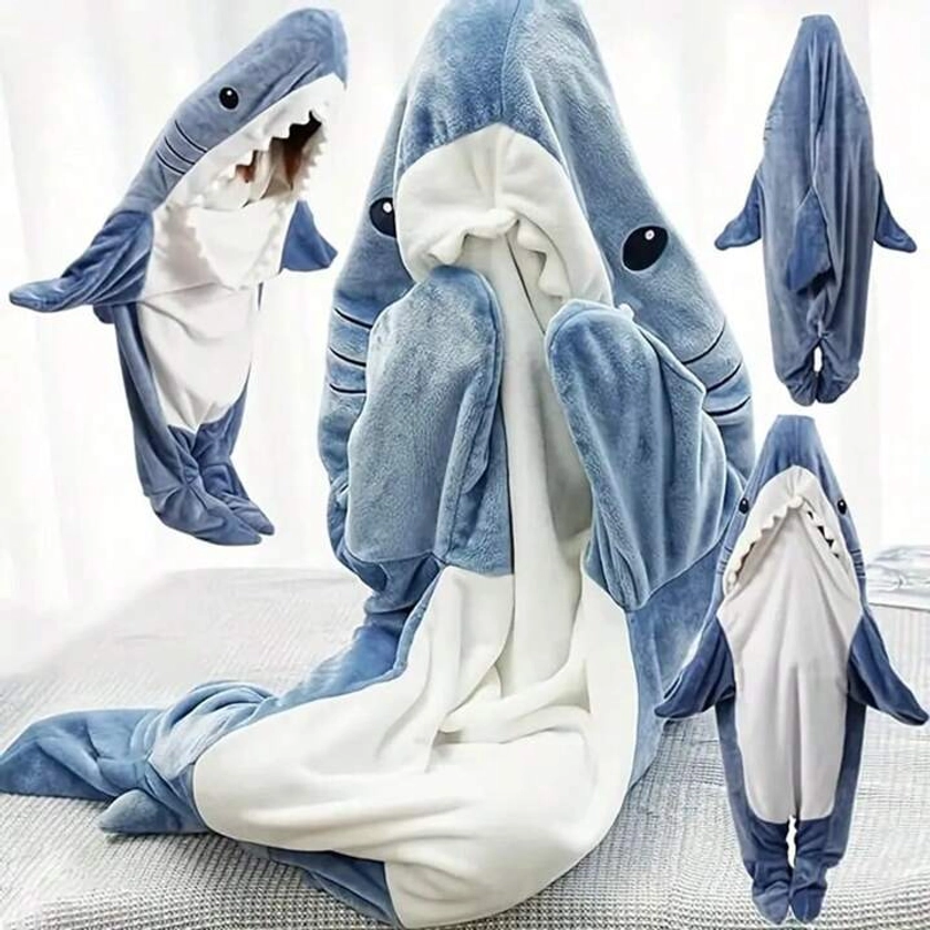 Novelty Cartoon Shark Design Hooded Flannel Robe, Versatile For Halloween Party Costume, Sleepwear Jumpsuit, Comfy Cozy Coral Fleece Loungewear For Halloween, Easter, Christmas Themed Events