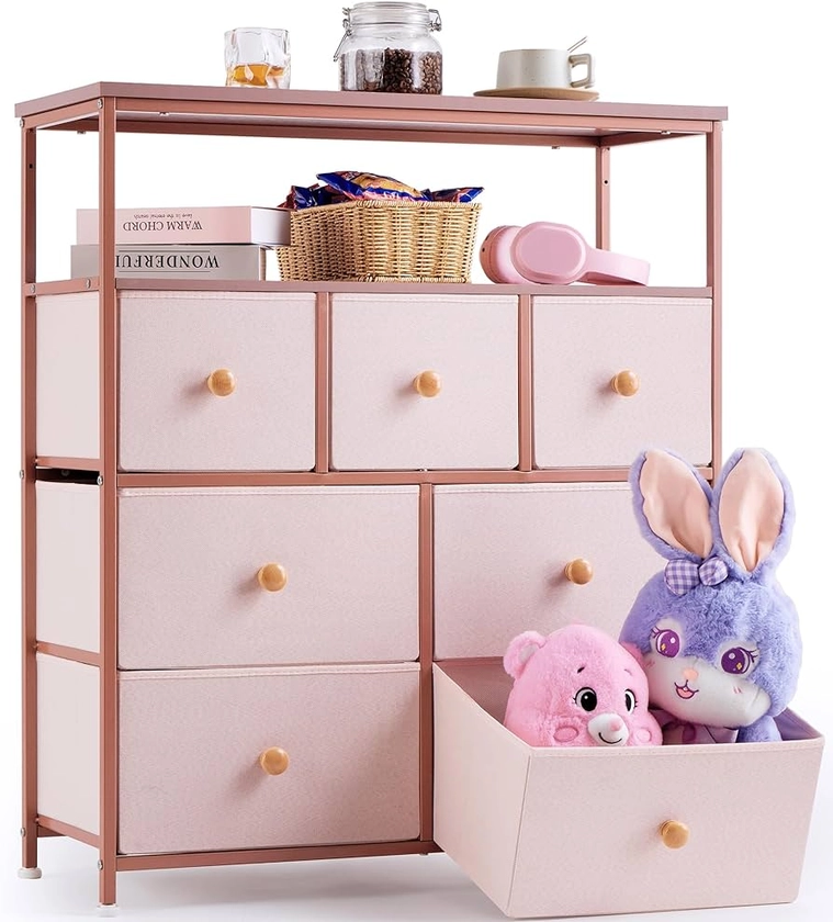 EnHomee Chest of Drawers, Dresser with 7 Fabric Drawers and 2 Wooden Top for Girls, Tall Chest of Drawers with Sturdy Steel Frame and Wood Top for Bedroom, Living Room, Closet, Pink : Amazon.co.uk: Home & Kitchen