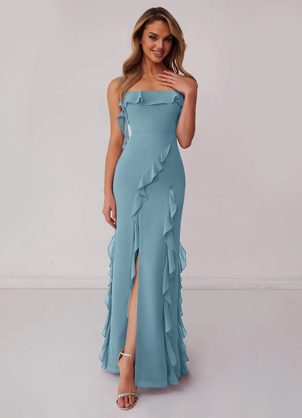 CHIFFON RUFFLE COLUMN DRESS WITH LEG SLIT - Bridesmaid Dresses