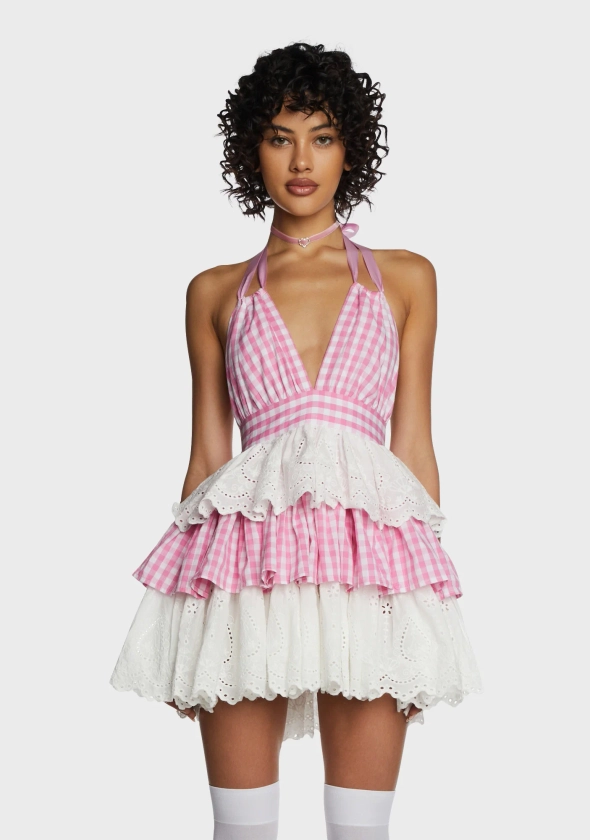 Sugar Thrillz Gingham Eyelet Halter Neck Tiered Dress - Pink