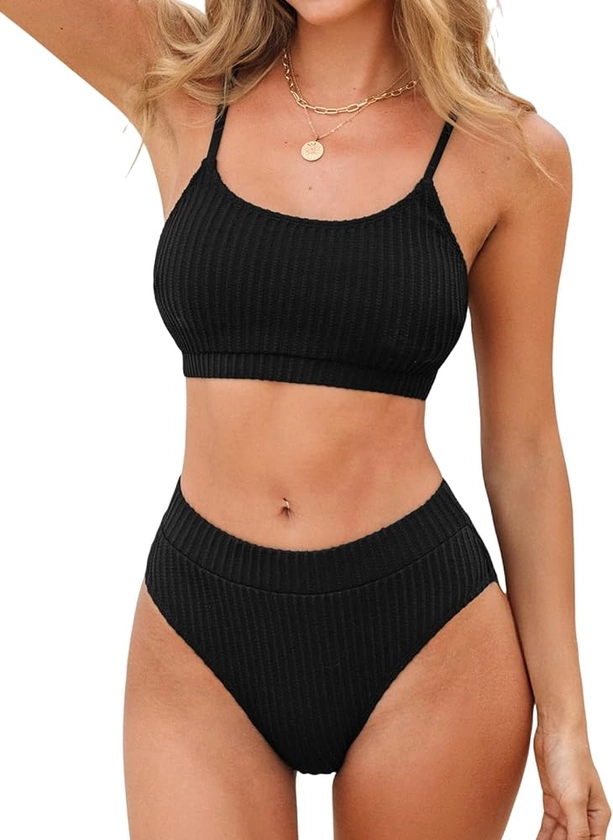 CUPSHE Women's Bikini Set Two Piece Swimsuits High Waisted Scoop Neck Spaghetti Adjustable Straps Textured