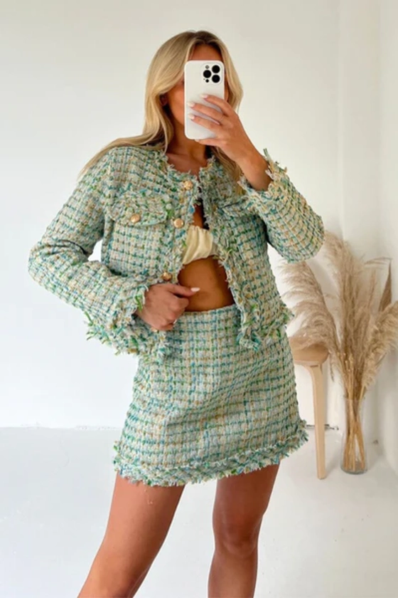 Coco green tweed jacket and skirt co ord