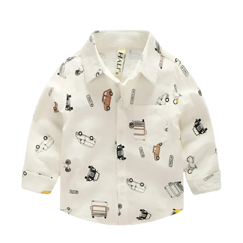 Jens White Children Button Down Boys Shirt for 2-7y with Car Graphics
