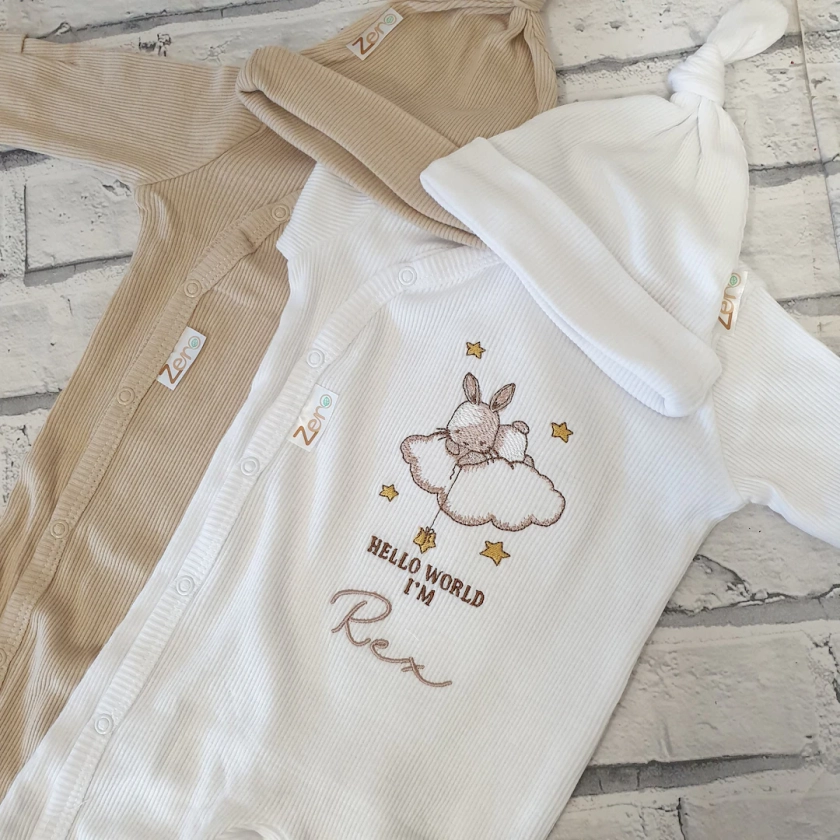 Personalised Sleepsuit, Embroidered Ribbed Romper, Newborn Sleepsuit And Hat, Gender Neutral Gift Set, Baby Shower Gift, Matching Baby Set