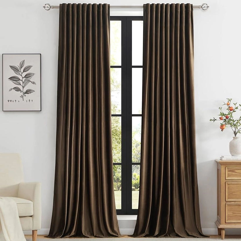 PRIMROSE Brown Velvet Curtains 96 inch Long for Living Room,Set of 2 Panels Blackout Rod Pocket Back Tab Window Treatment Room Darkening Heavy Decorative Curtains Drapes for Bedroom