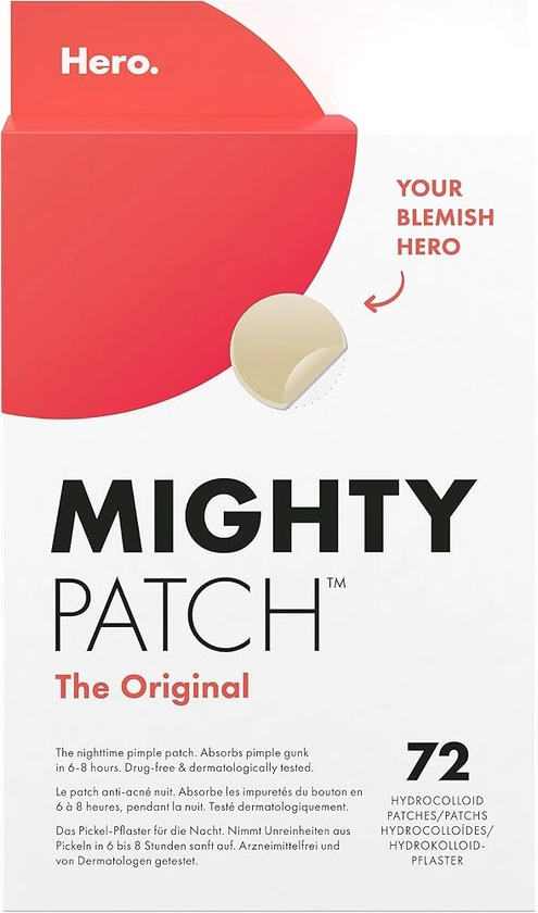 Hero – Mighty Patch Original – Patchs hydrocolloïdes de nuit anti-acné – Absorbe les impuretés du bouton en 6 à 8 heures pendant la nuit - boîte de 72 patchs