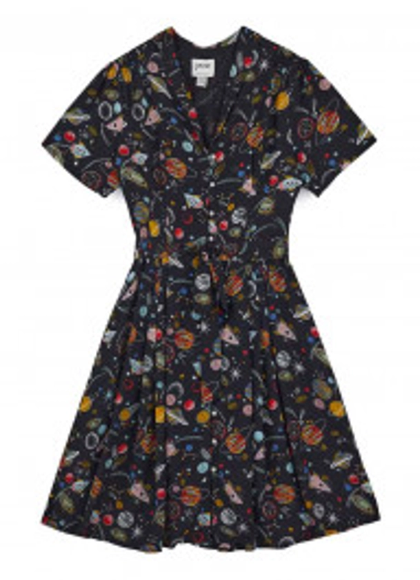 Barbara Ann Space Print Button-Through Tea Dress