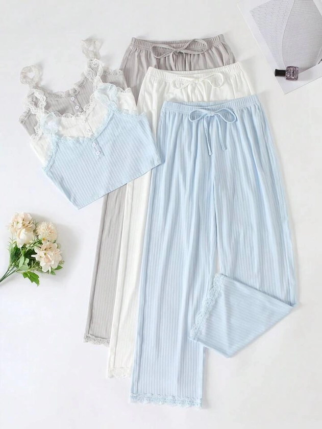 3pcs/Set Women's Monochrome Lace Applique Sleeveless Top And Drawstring Long Pants Pajama Set