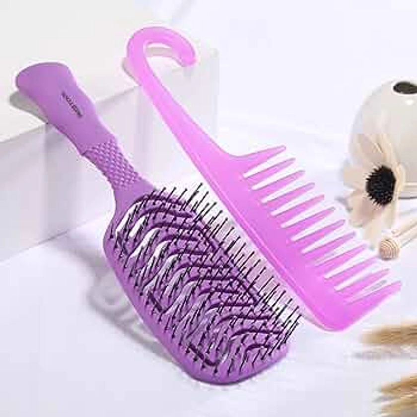 BESTOOL Hair Brush, Vented Hair Brush for Women Men, Hair Brush Set with Wide Tooth Comb for Curly Wet Dry Hair Smoothing Drying (Purple)