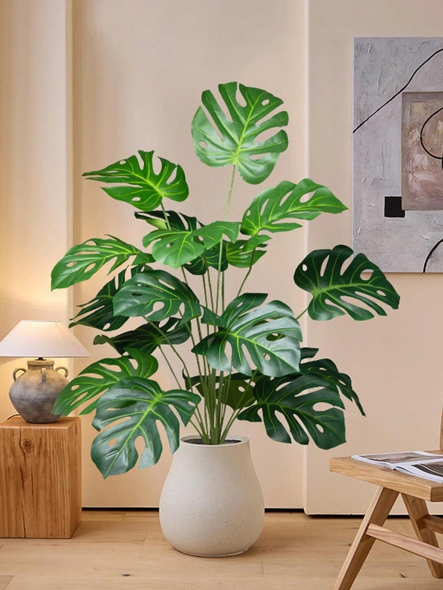 65cm 18Forks Large Artificial Monstera Tree Fake Plants Plastic Green Turtle Leave Tropical Faux Palm Leaf For Home Garden Decor Without Pot 1pc