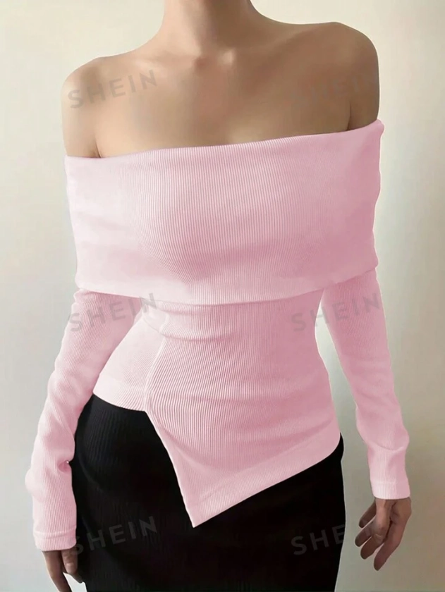SHEIN Essnce Solid Color Asymmetric Hem One Shoulder Long Sleeve T-Shirt | SHEIN USA