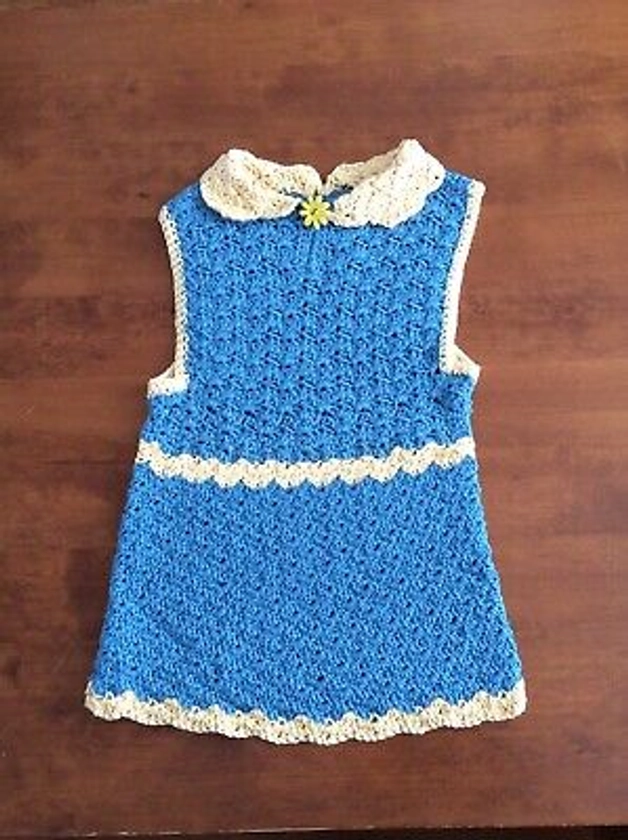 Crocheted Vintage 1970s inspired Girls Dress, blue/yellow, 3 years approx. | eBay