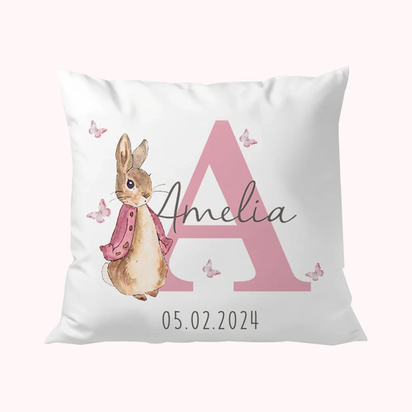 Personalised Multicolor Peter Rabbit Bunny Throw Pillow Cover with Name Nursery Decor Baby Shower Birthday Gift for Baby Kid - CALLIE