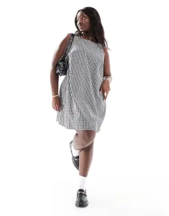 ASOS DESIGN Curve high neck swing mini linen sundress in black and white gingham | ASOS