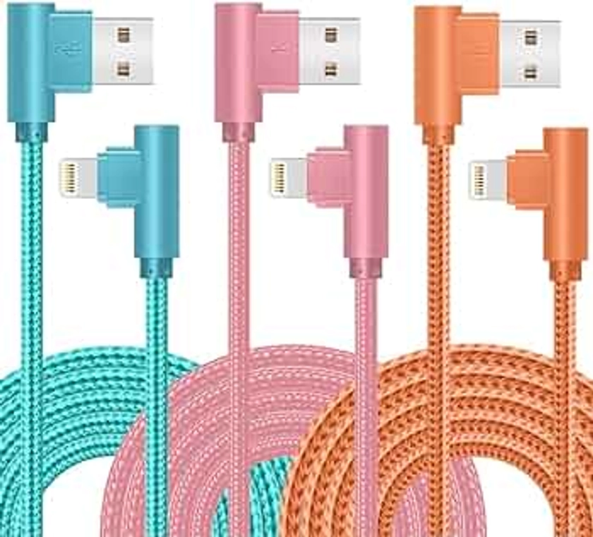 iPhone Charger, 3 Pack 10FT 90 Degree Charging Cable MFi Certified USB Lightning Cable Nylon Braided Fast Charging Cord Compatible for iPhone 14/13/12/11/X/Max/8/7/6/6S/5/5S/SE/Plus/iPad (10FT)