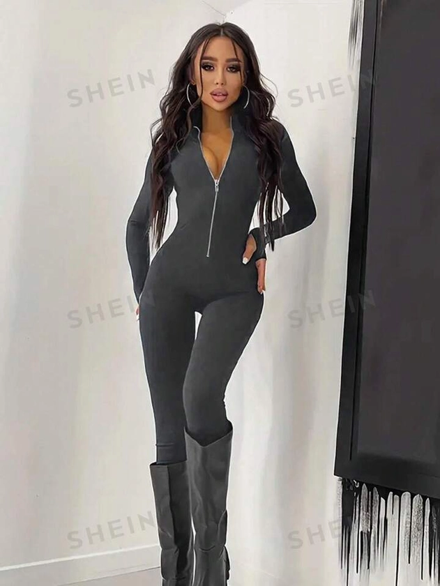 SHEIN SXY Women's Zipper Front Long Sleeve Bodycon Jumpsuit