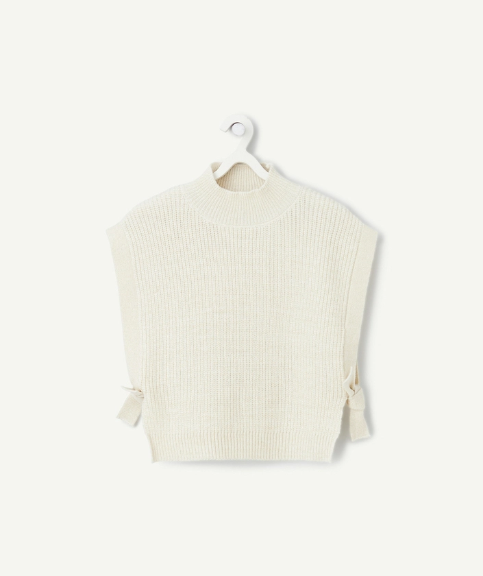 pull sans manches filles en maille écrue pailletée et nœuds