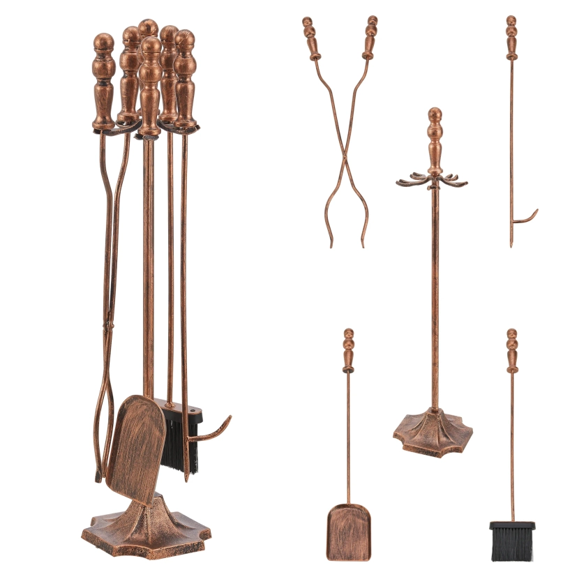 Serviteur de cheminée Dovre avec balai pelle pince tisonnier bronze [en.casa] | Leroy Merlin