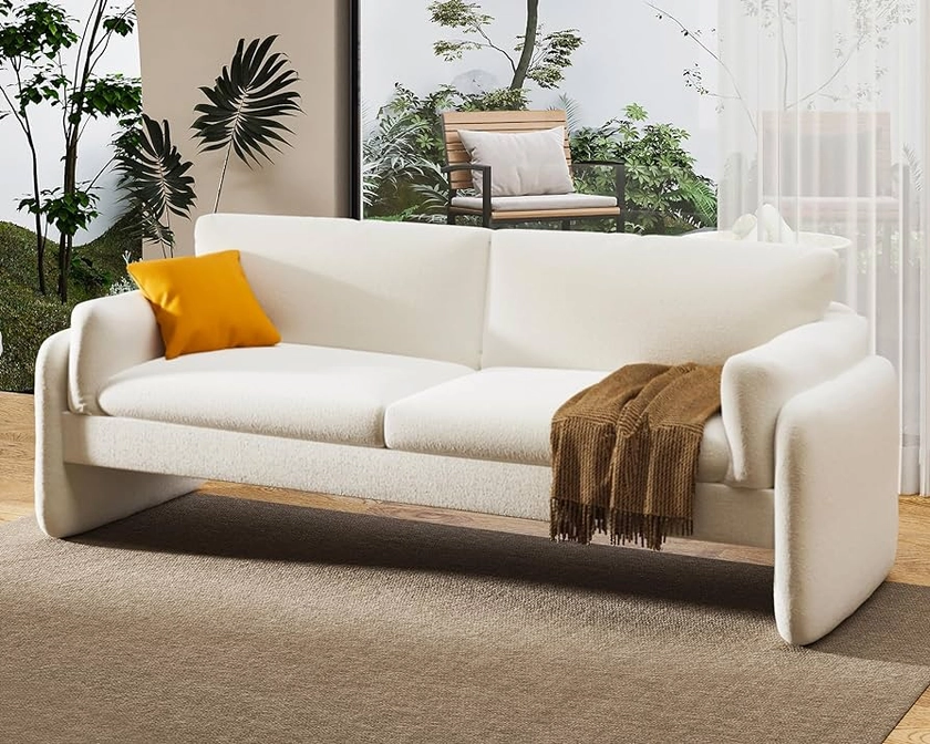 papababe Sofa, Modern Sofa Couch with Embedded Armrest, Deep Seat Couch for Living Room, Offwhite Bouclé Cozy Couch