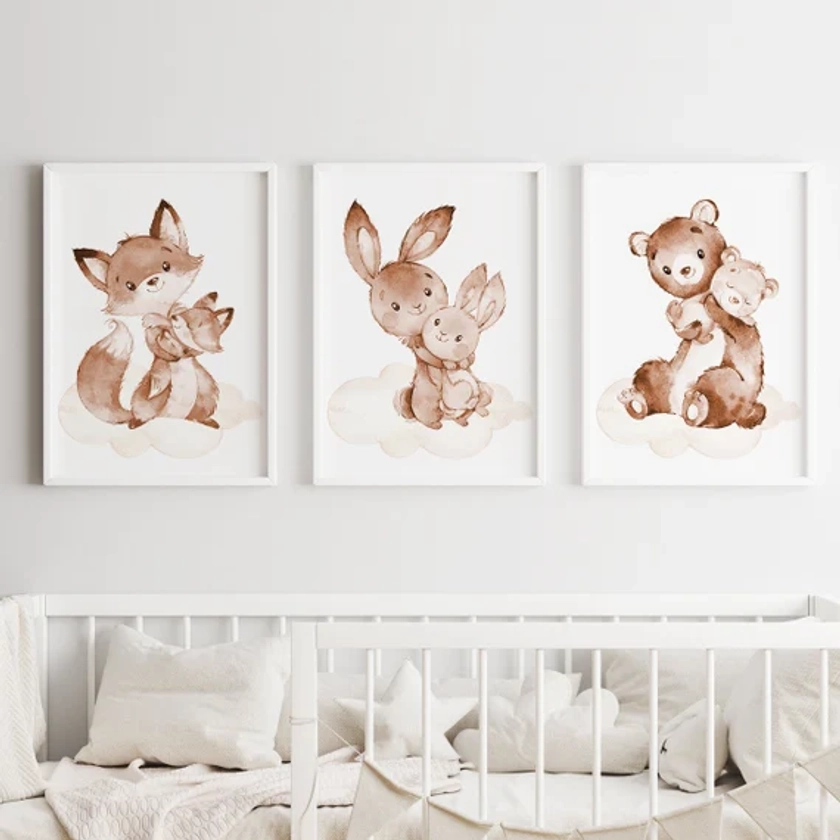 Décoration murale neutre pour chambre de bébé, impression d&#39;art mural, affiche d&#39;animaux de la forêt des bois, lot de 3 aquarelles pour chambre d&#39;enfants, image imprimable beige lièvre renard