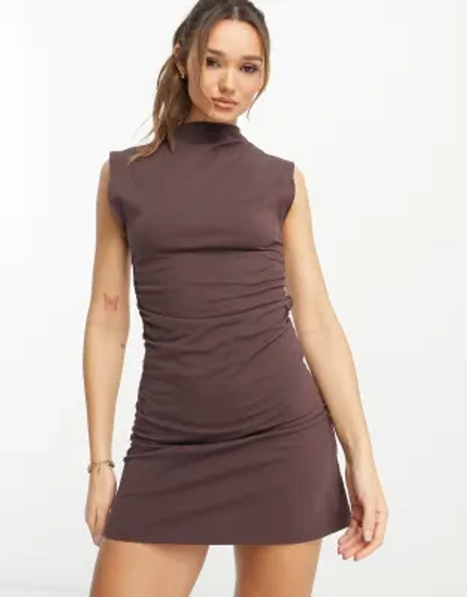 ASOS DESIGN grown on neck mini dress with ruched sides in chocolate | ASOS